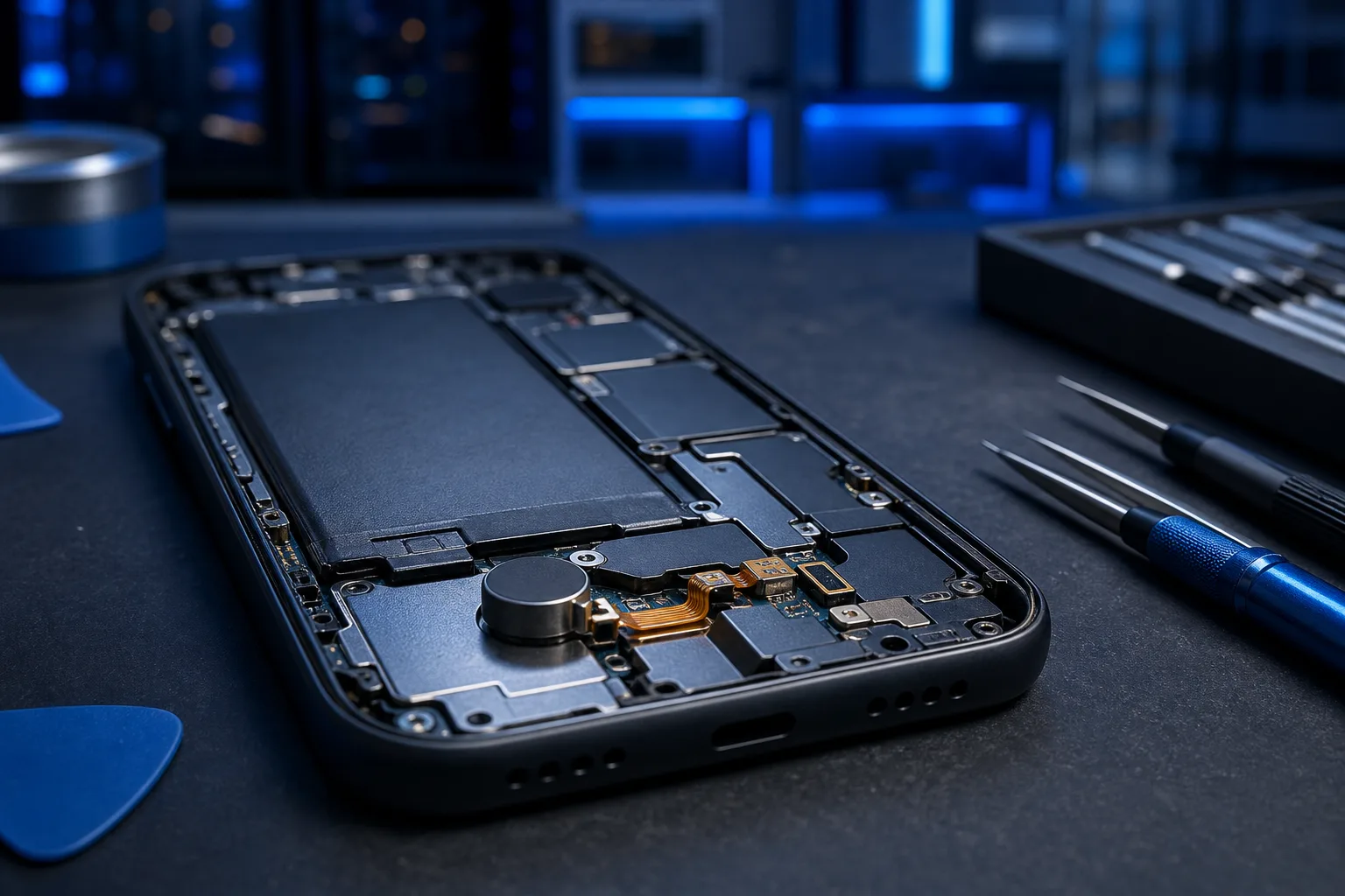Disassembled smartphone face-down showing battery, vibration motor, and ribbon cables, with repair tools alongside.