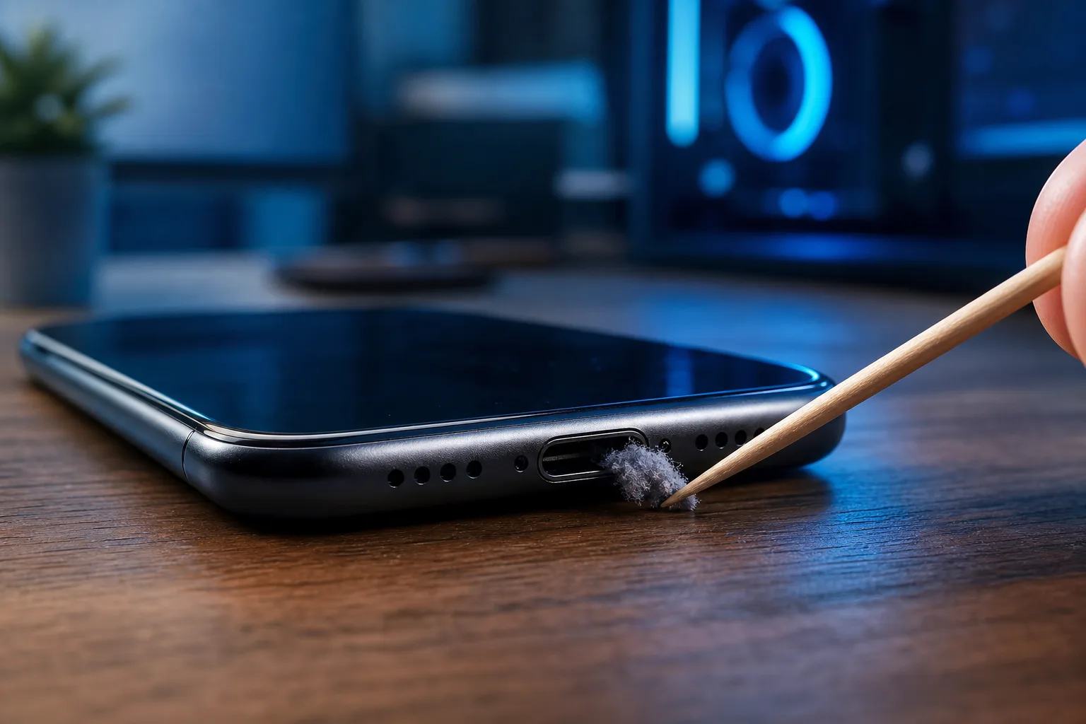 Un palillo de madera retira una acumulación de pelusa del puerto de carga USB-C de un teléfono inteligente sobre un escritorio de madera.