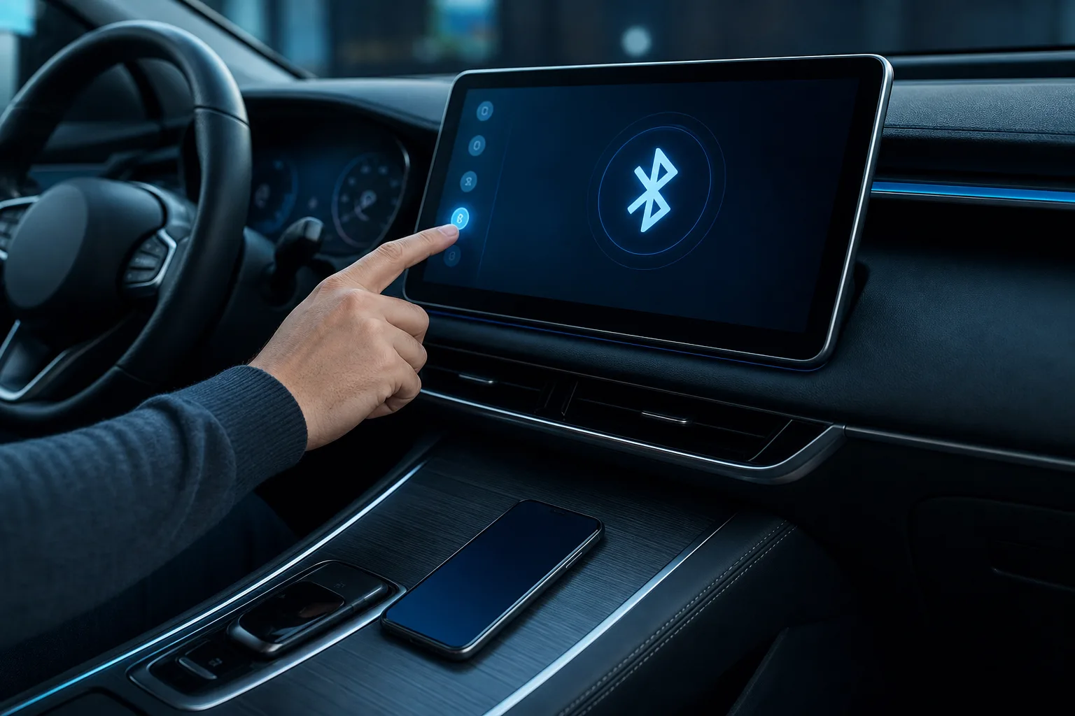 Hand tapping Bluetooth icon on car touchscreen infotainment display; smartphone rests on center console below.