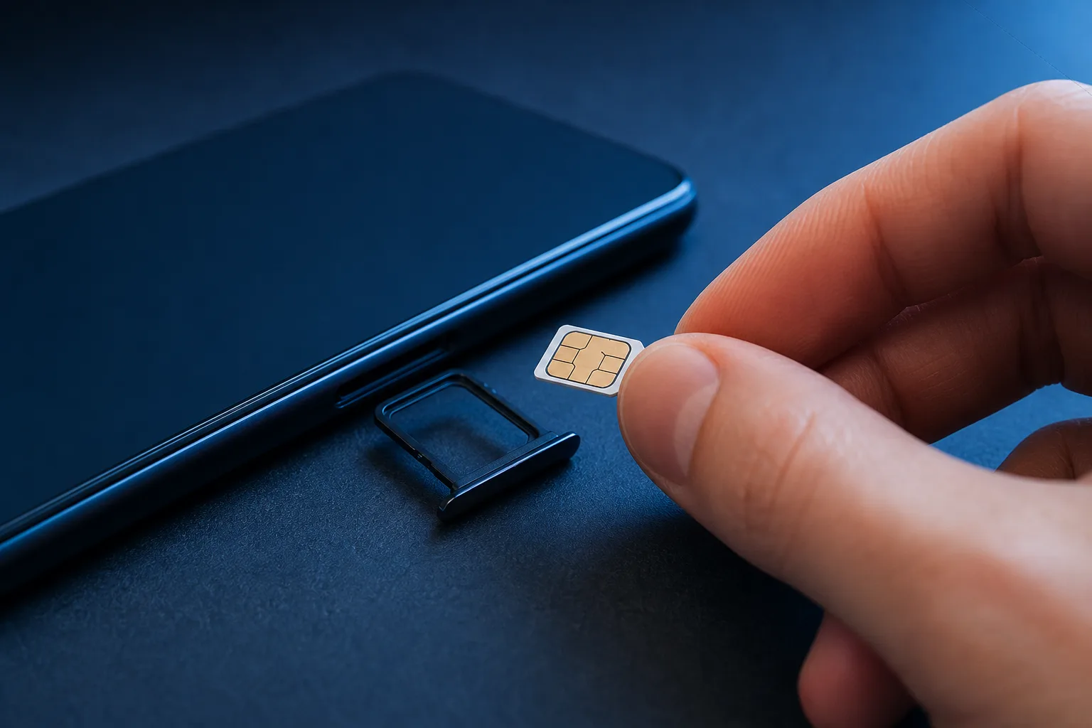Hand holding a nano SIM card near an ejected SIM tray on a dark blue smartphone, close-up view