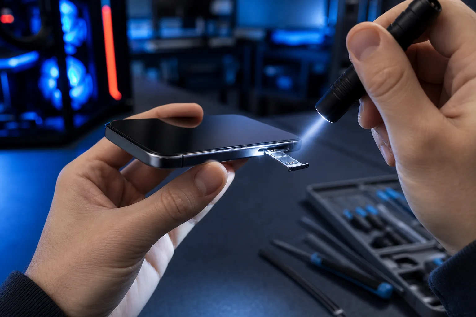 Hands holding a smartphone sideways with SIM tray ejected, illuminated by a small penlight flashlight in a tech workspace.