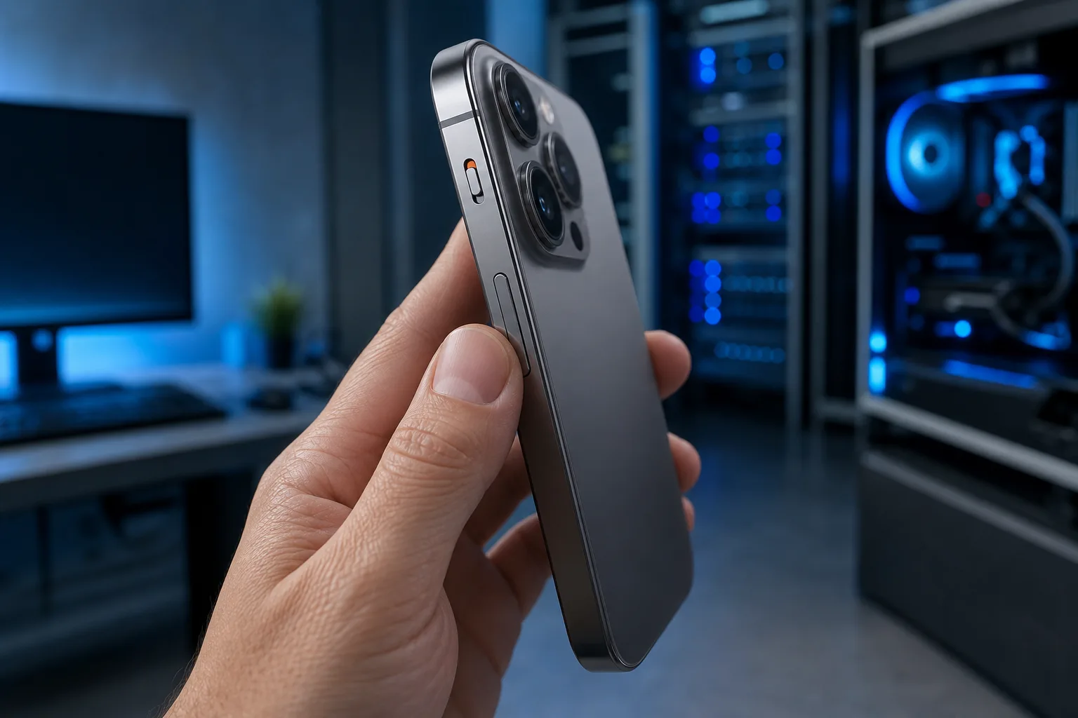 Mano sosteniendo un iPhone Pro color gris espacial por la parte posterior, mostrando el sistema de tres cámaras y el interruptor lateral de silencio, con un cuarto de tecnología al fondo