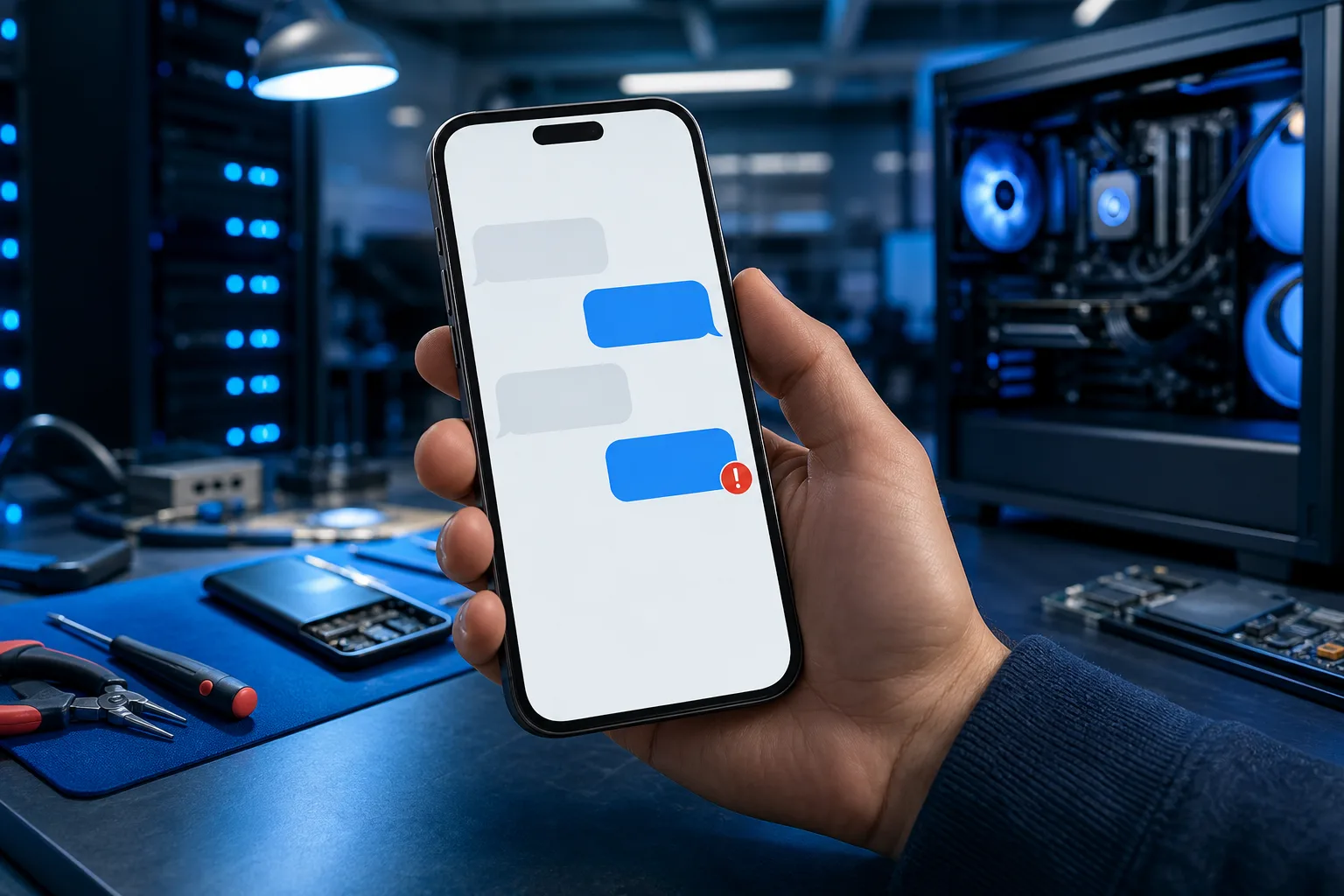 Mano sosteniendo un iPhone que muestra burbujas de chat azules y grises con un ícono rojo de error de exclamación, en un taller de tecnología.