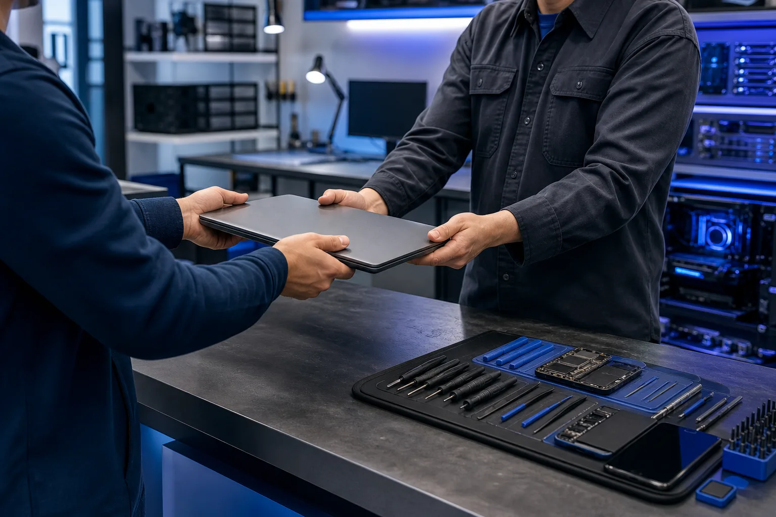 Two people exchanging a slim laptop over a repair shop counter lined with precision tools and disassembled electronics.