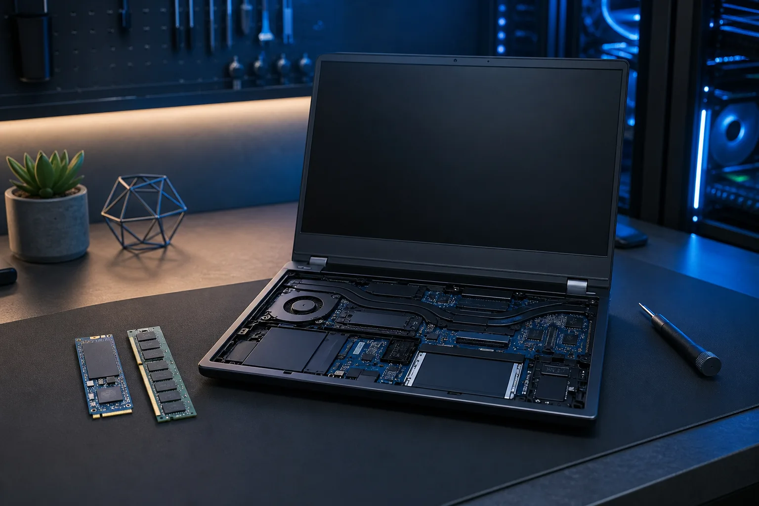 Laptop abierta con la tarjeta madre expuesta sobre una mesa de trabajo oscura, acompañada de un SSD M.2 y una memoria RAM, con un destornillador cerca