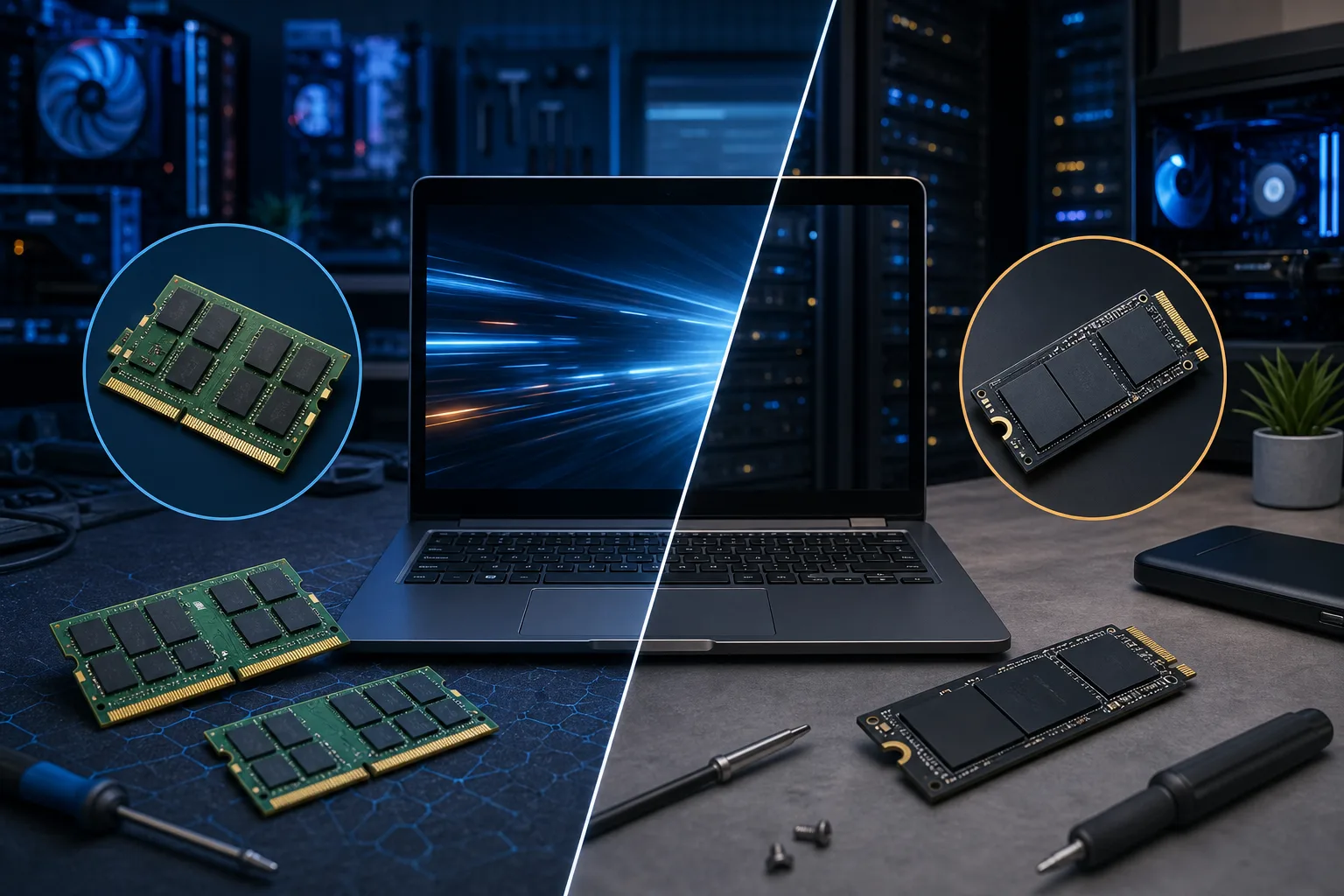 Split-image comparing RAM sticks (left, blue) and M.2 SSD (right, gold) beside an open laptop with speed-light wallpaper. Split-image comparing RAM sticks (left, blue) and M.2 SSD (right, gold) beside an open laptop with speed-light wallpaper.
