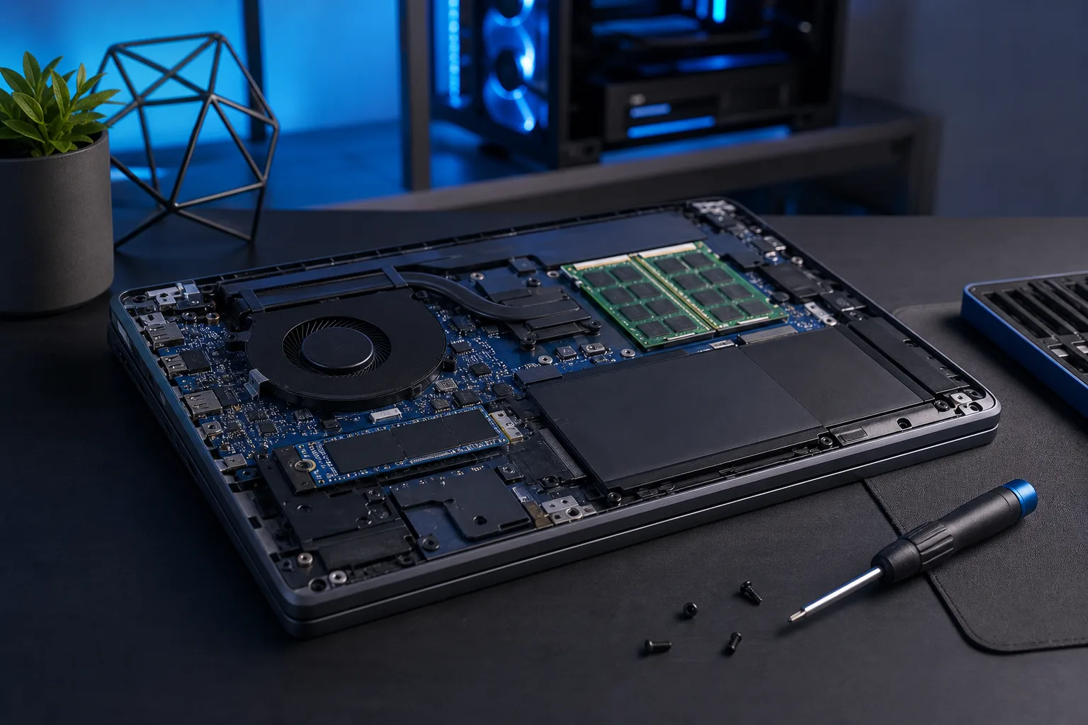 Open laptop with back panel removed showing motherboard, cooling fan, RAM sticks, battery, and screwdriver on dark desk