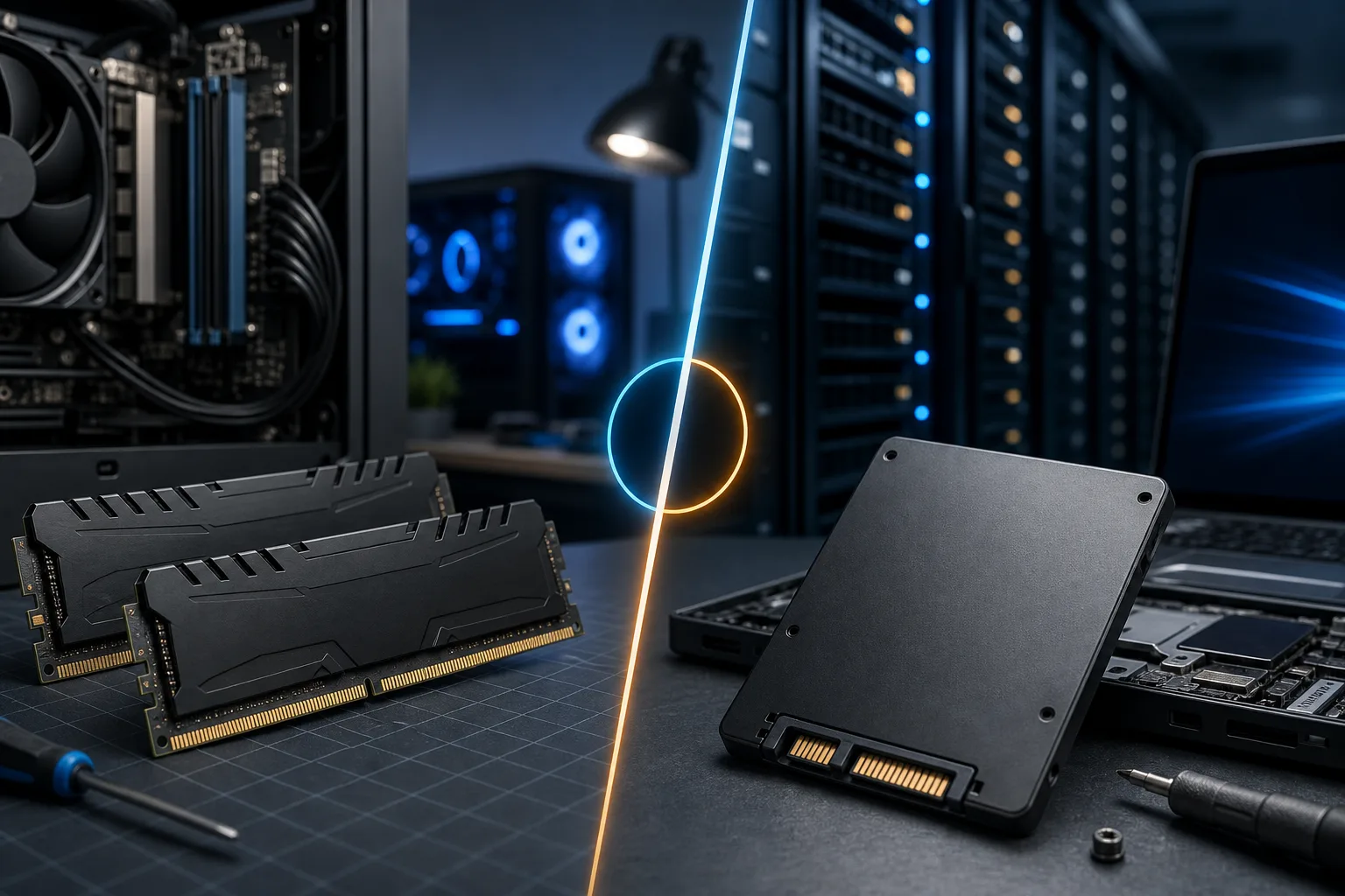 Split image comparing two DDR4 RAM sticks (left) vs a 2.5-inch SATA SSD (right), with PC and server backgrounds.