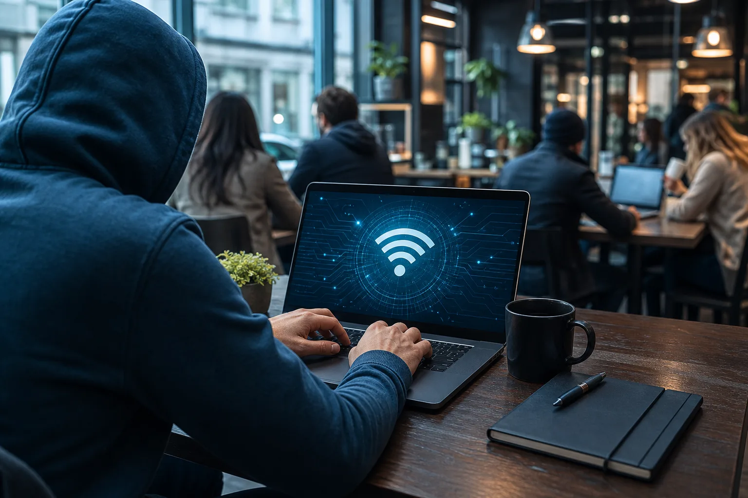 Persona con capucha escribiendo en una computadora portátil que muestra un símbolo de Wi-Fi brillante en una cafetería concurrida, con otros clientes al fondo.