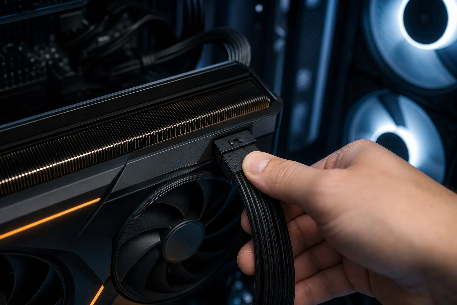 Hand plugging a 12V-2x6 PCIe power connector into a GPU installed in a PC case with RGB fans visible in background.