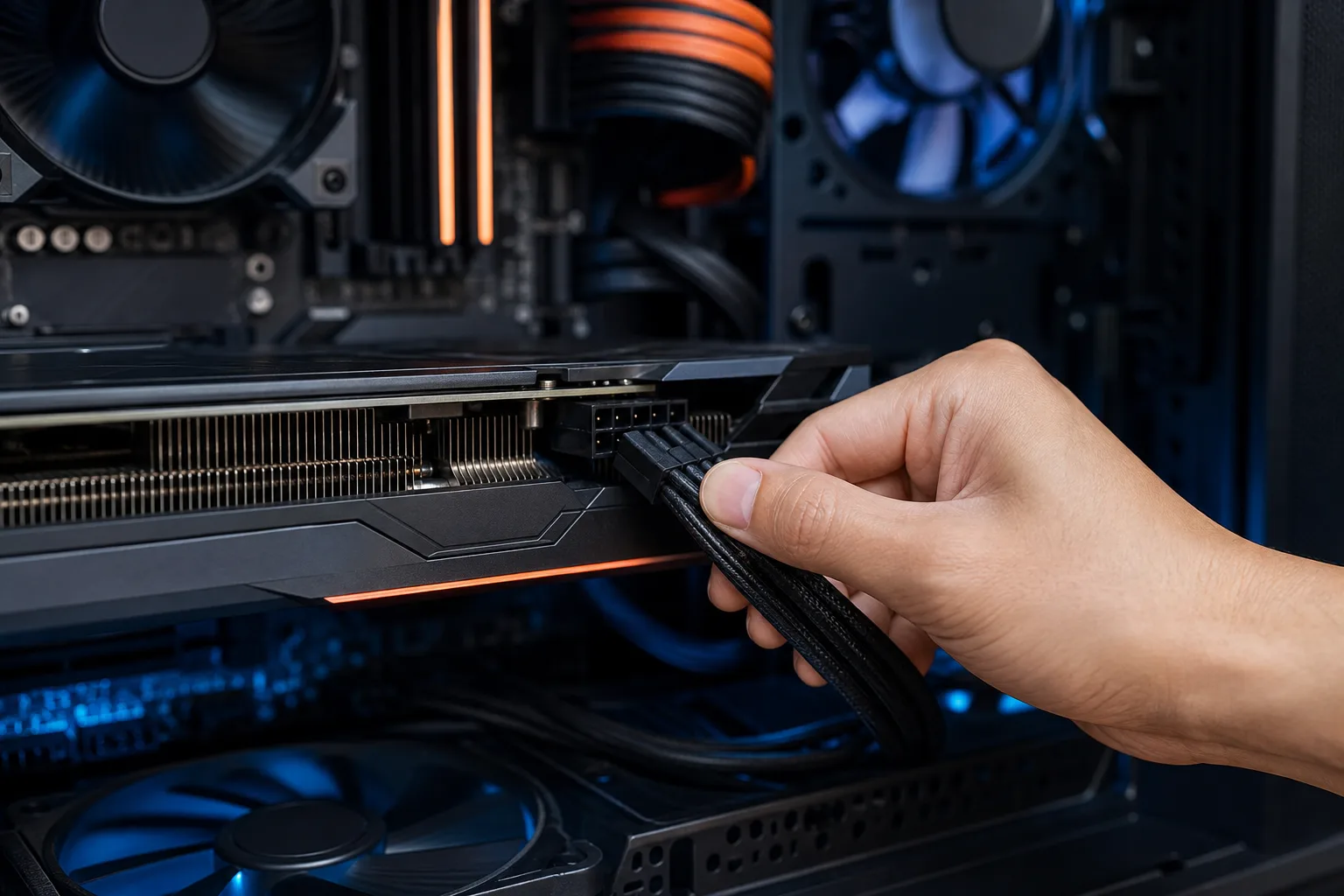 Hand plugging a PCIe power cable into a GPU installed in an open gaming PC with blue and orange RGB lighting.