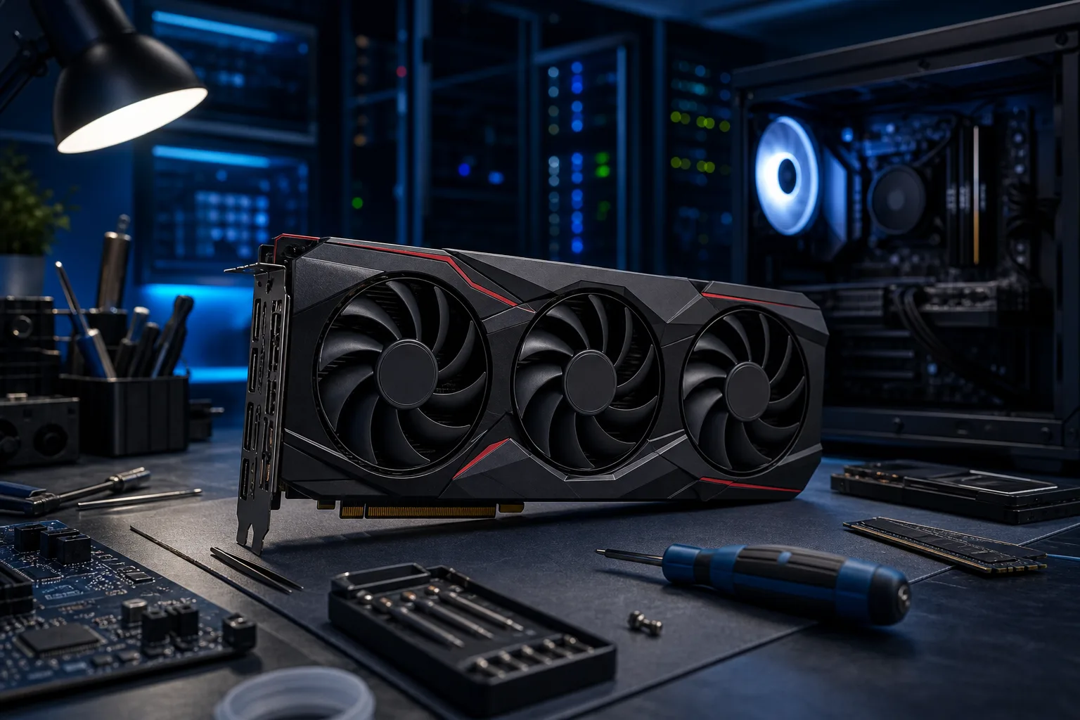 Triple-fan black and red GPU on a dark workbench surrounded by screwdrivers and PC components in a blue-lit lab