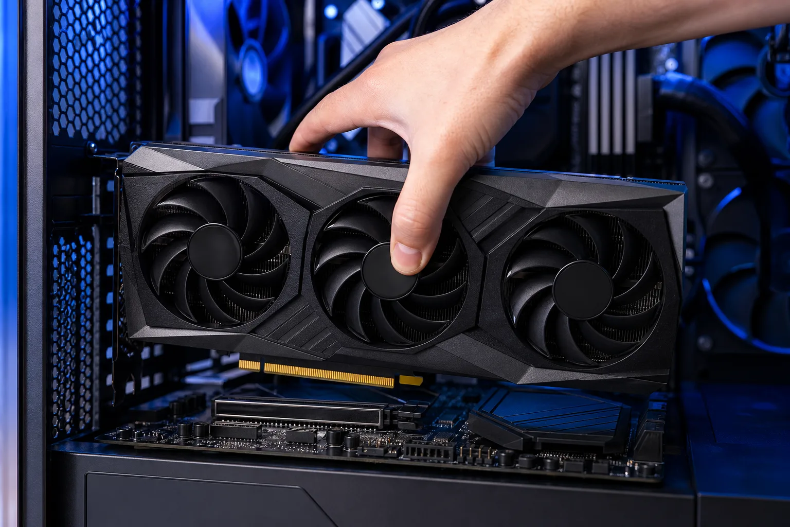Mano instalando una GPU de tres ventiladores en una ranura PCIe de una tarjeta madre dentro de un gabinete ATX abierto con iluminación azul.