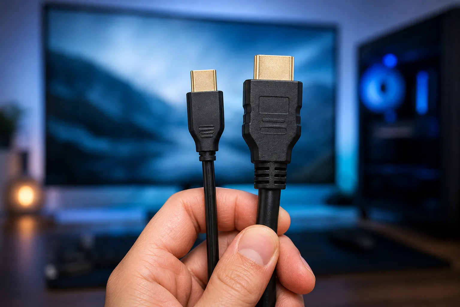 Hand holding two black cables: a USB-C connector and a standard HDMI connector, with a monitor and PC in the background.