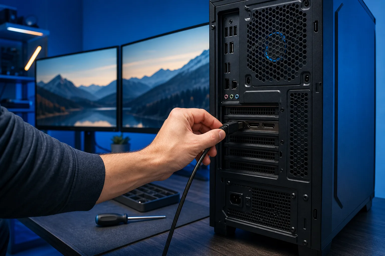 Hand plugging an HDMI cable into the back of a black PC tower, dual monitors showing mountain scenery visible in background.