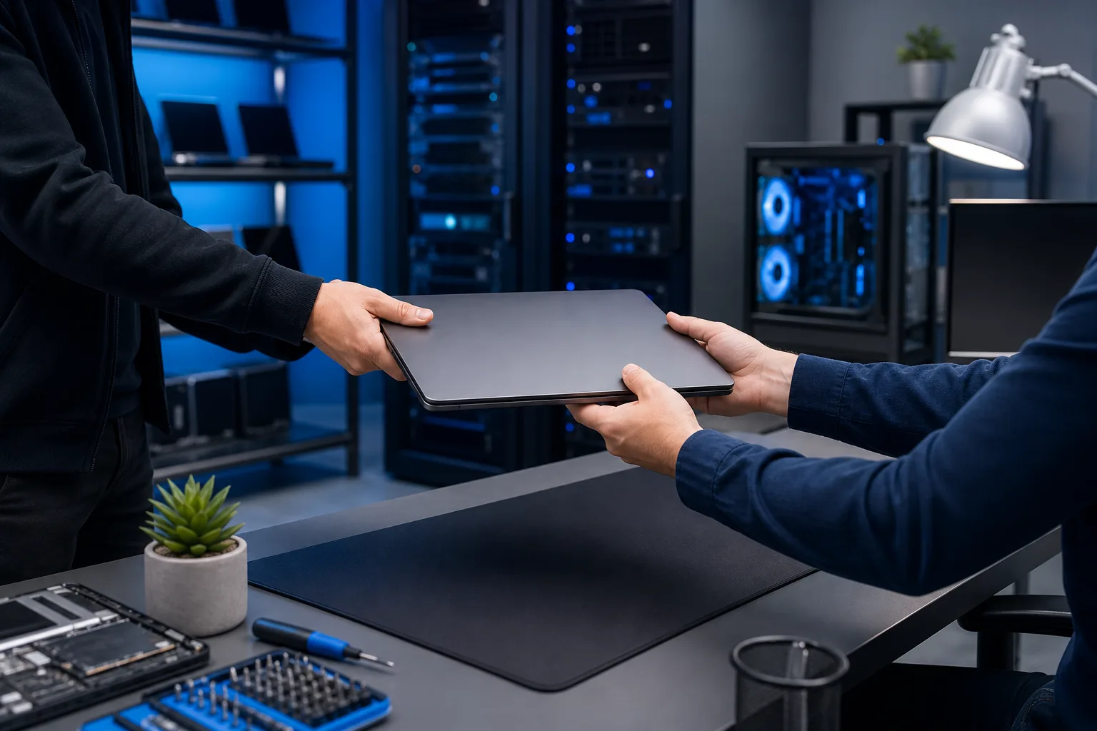 Dos personas intercambian una laptop cerrada sobre un mostrador de reparación tecnológica, con racks de servidores y equipos de PC al fondo.