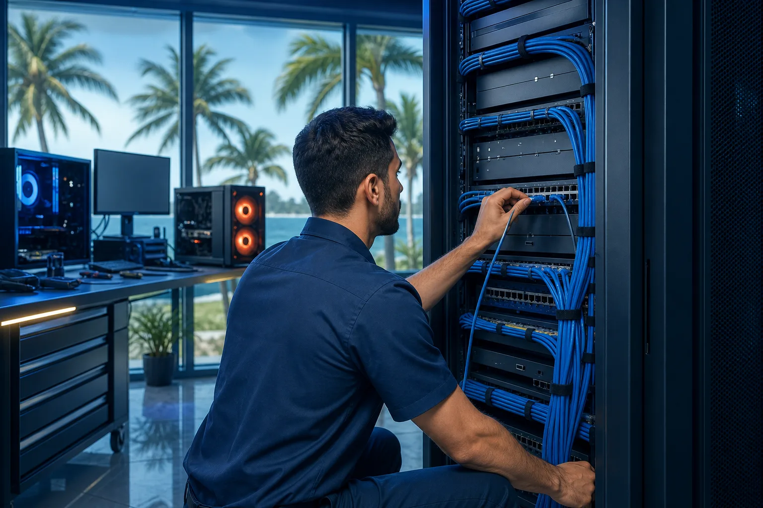 Network technician in navy uniform plugging blue Ethernet cable into rack-mounted patch panel in South Florida server room with ocean view