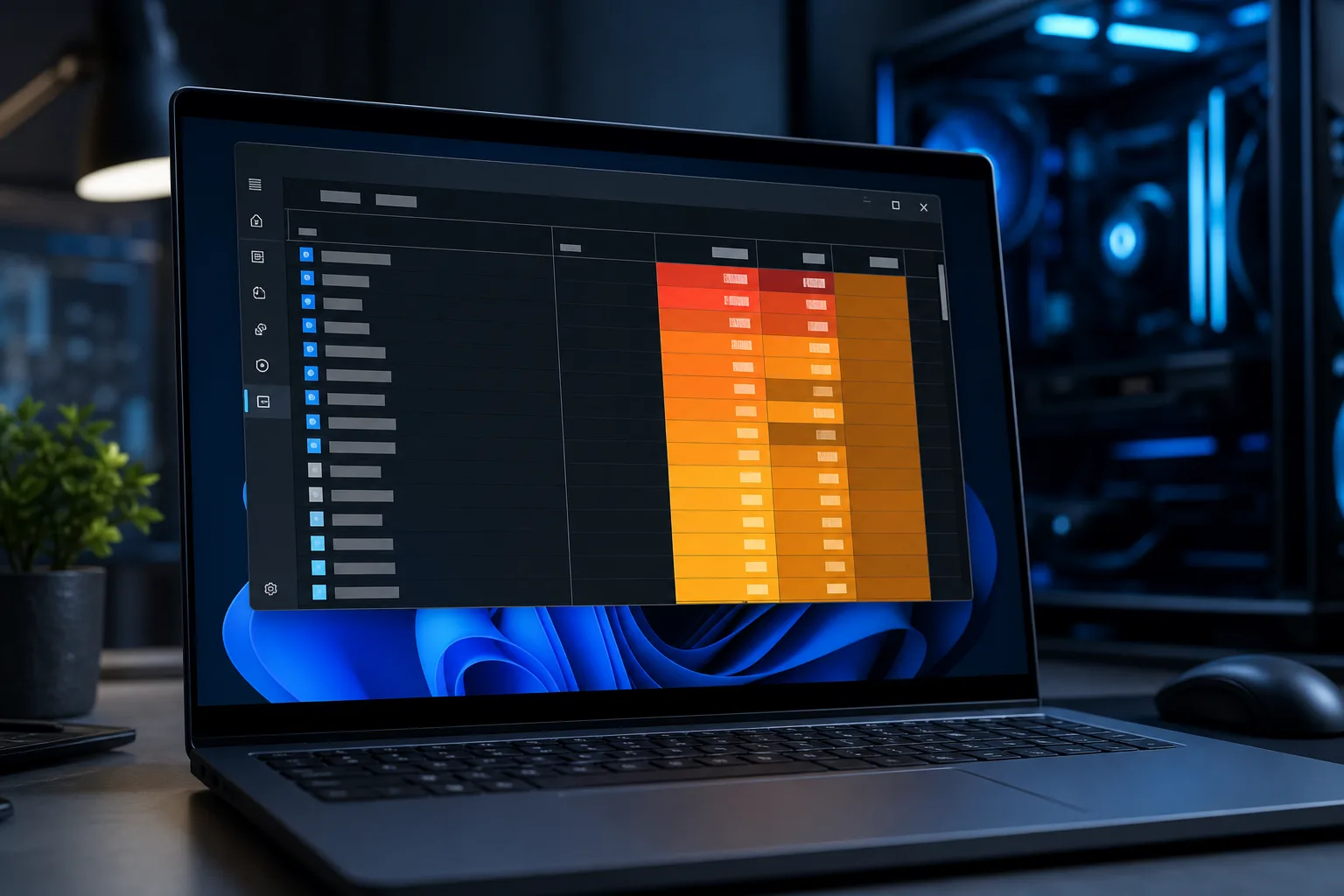 Laptop on dark desk showing a dark-themed app with a heat-map table in orange-red tones, Windows 11 wallpaper visible, PC in background
