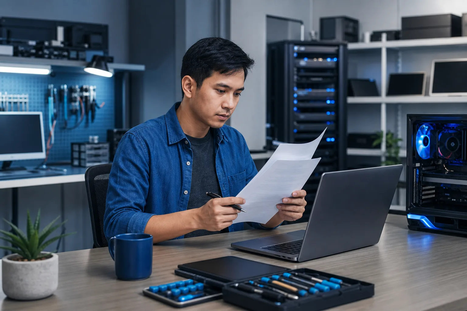 Young man in denim shirt reads paper documents at desk with laptop, screwdriver kit, and open RGB PC tower nearby.