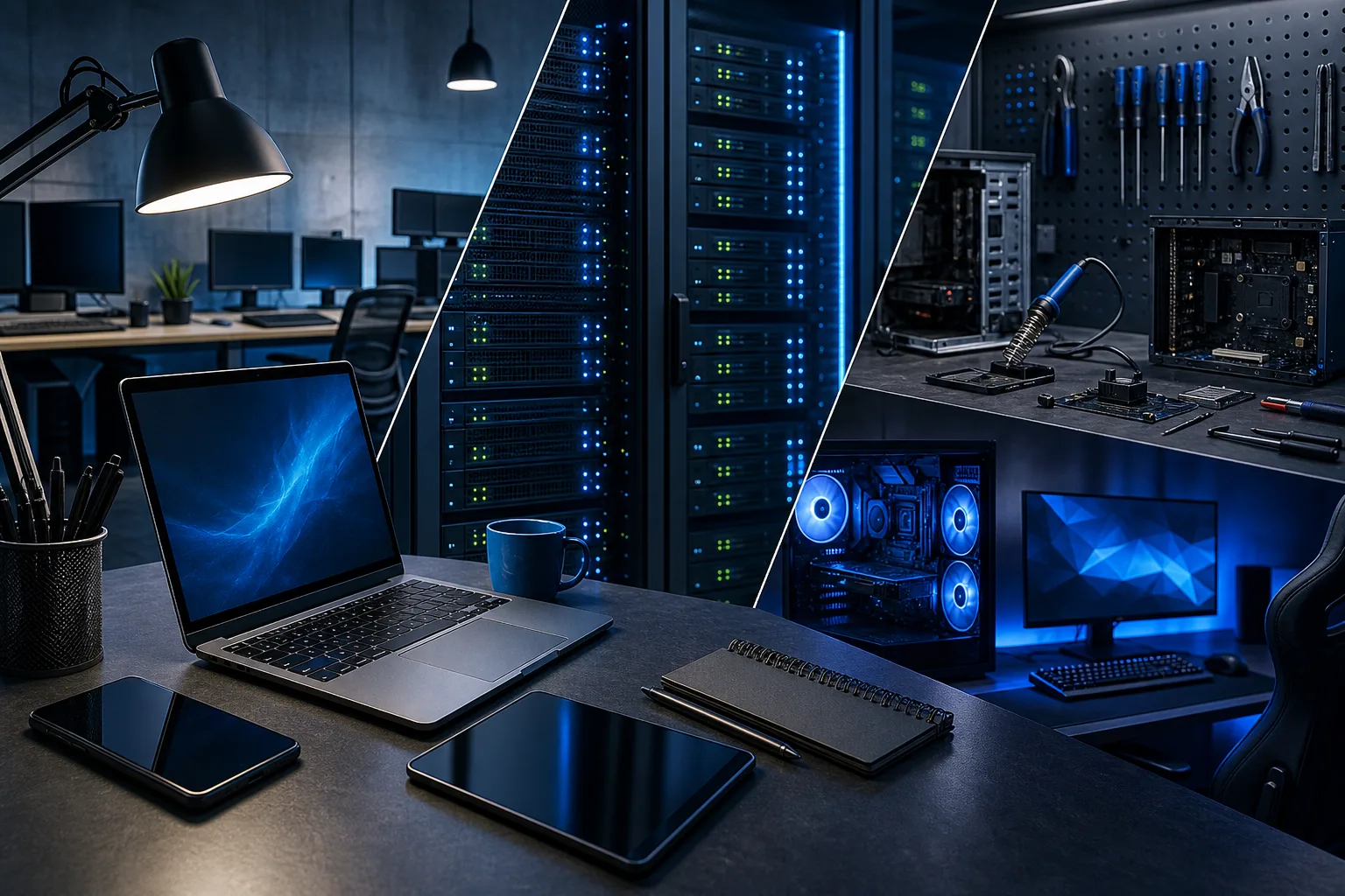 Three-panel composite: office workstation with laptop, data center server racks with blue LEDs, and PC repair bench with tools.
