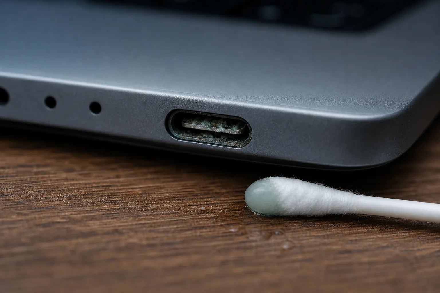 Macro shot of corroded USB-C port on gray laptop with greenish mineral buildup on contacts; cotton swab nearby on wood surface