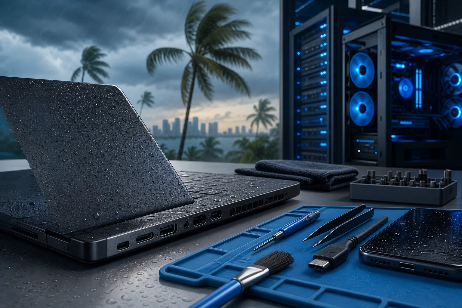 Water-droplet-covered laptop beside repair tools and blue-lit PC tower, stormy South Florida skyline with palm trees behind. Water-droplet-covered laptop beside repair tools and blue-lit PC tower, stormy South Florida skyline with palm trees behind.