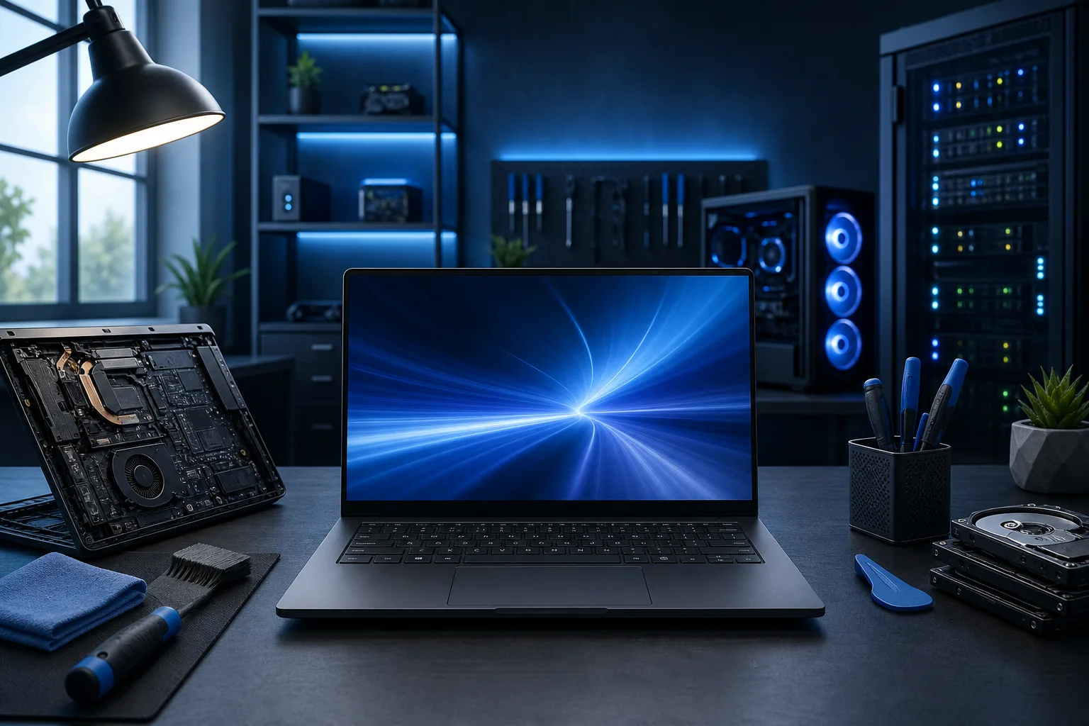 Dark tech workspace with open laptop showing blue wallpaper, disassembled laptop, cleaning tools, HDD, and glowing server racks.