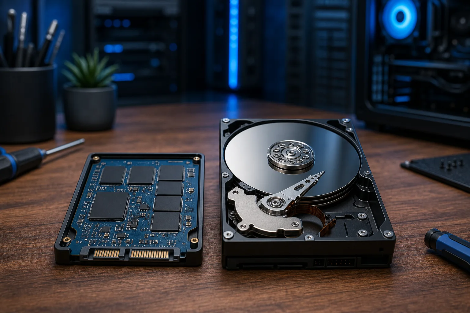 An open HDD with visible platter and read arm beside a disassembled SSD circuit board on a wooden desk, blue PC lighting behind.