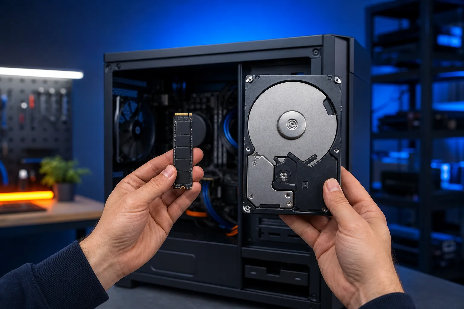 Two hands holding an M.2 NVMe SSD and a 3.5-inch HDD side by side in front of an open desktop PC tower.