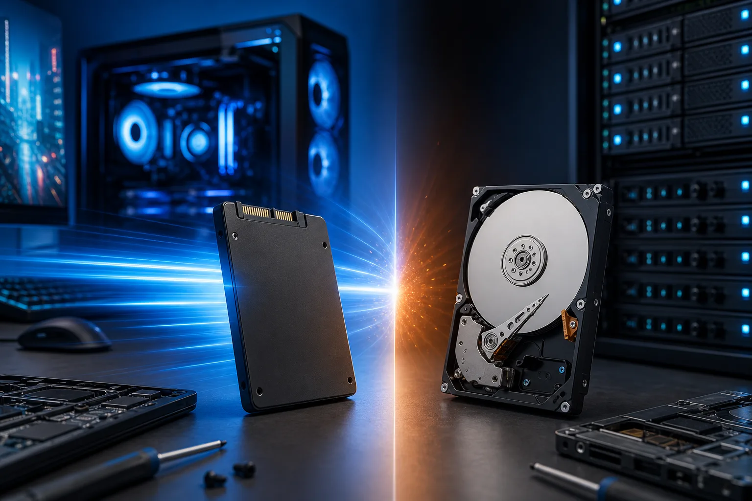 SSD and open HDD face off on a desk with blue RGB PC and server rack in background, dramatic light burst between them.