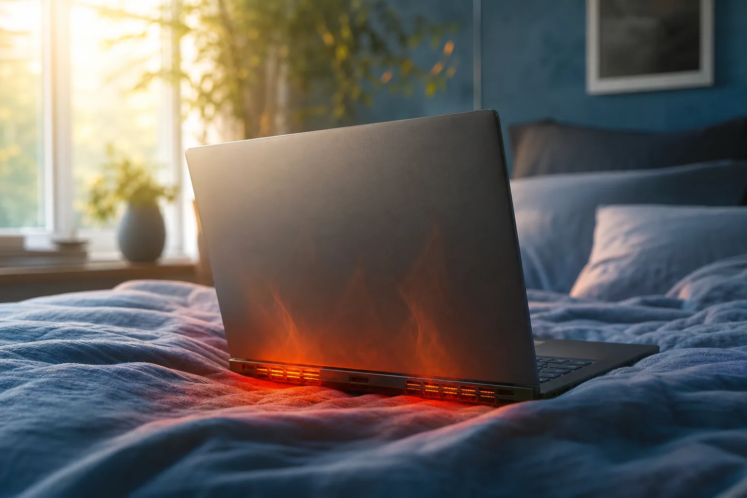 Laptop on rumpled blue bedding with vents blocked, emitting dramatic red-orange heat glow, sunlit bedroom background.