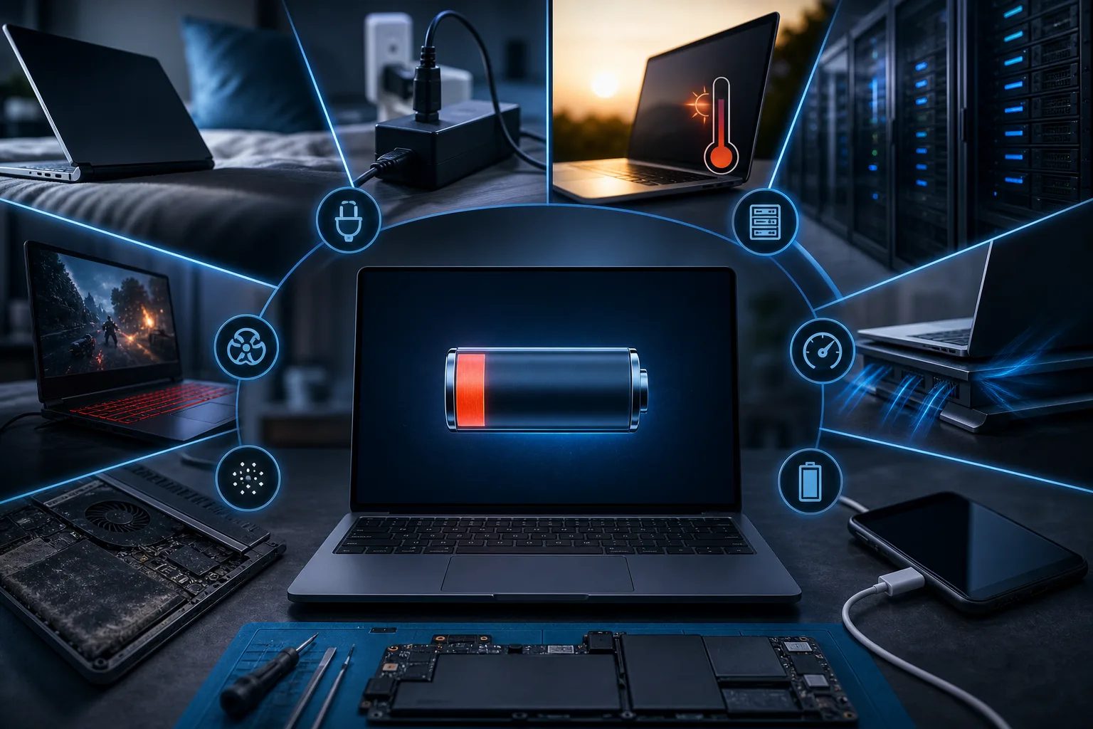 Laptop showing low-battery icon surrounded by six glowing blue cause-icons: heat, fan, charger, server, speed, battery, with related scenes