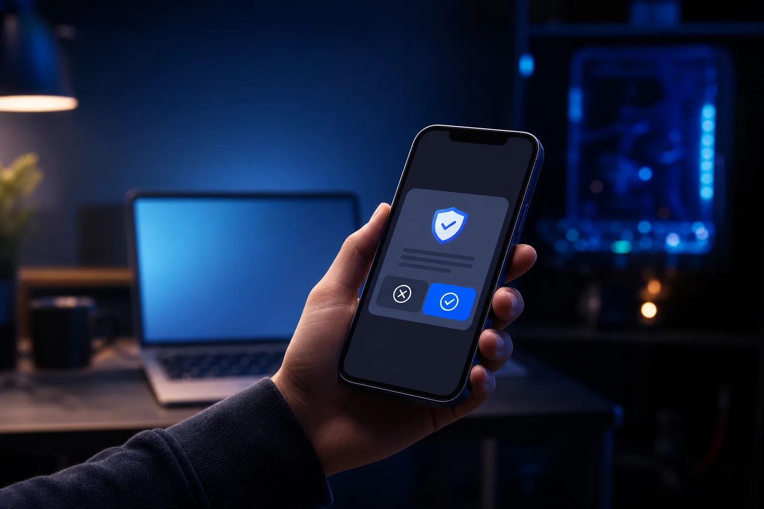 Hand holding smartphone showing security authentication prompt with shield icon and accept/deny buttons, laptop glowing in background