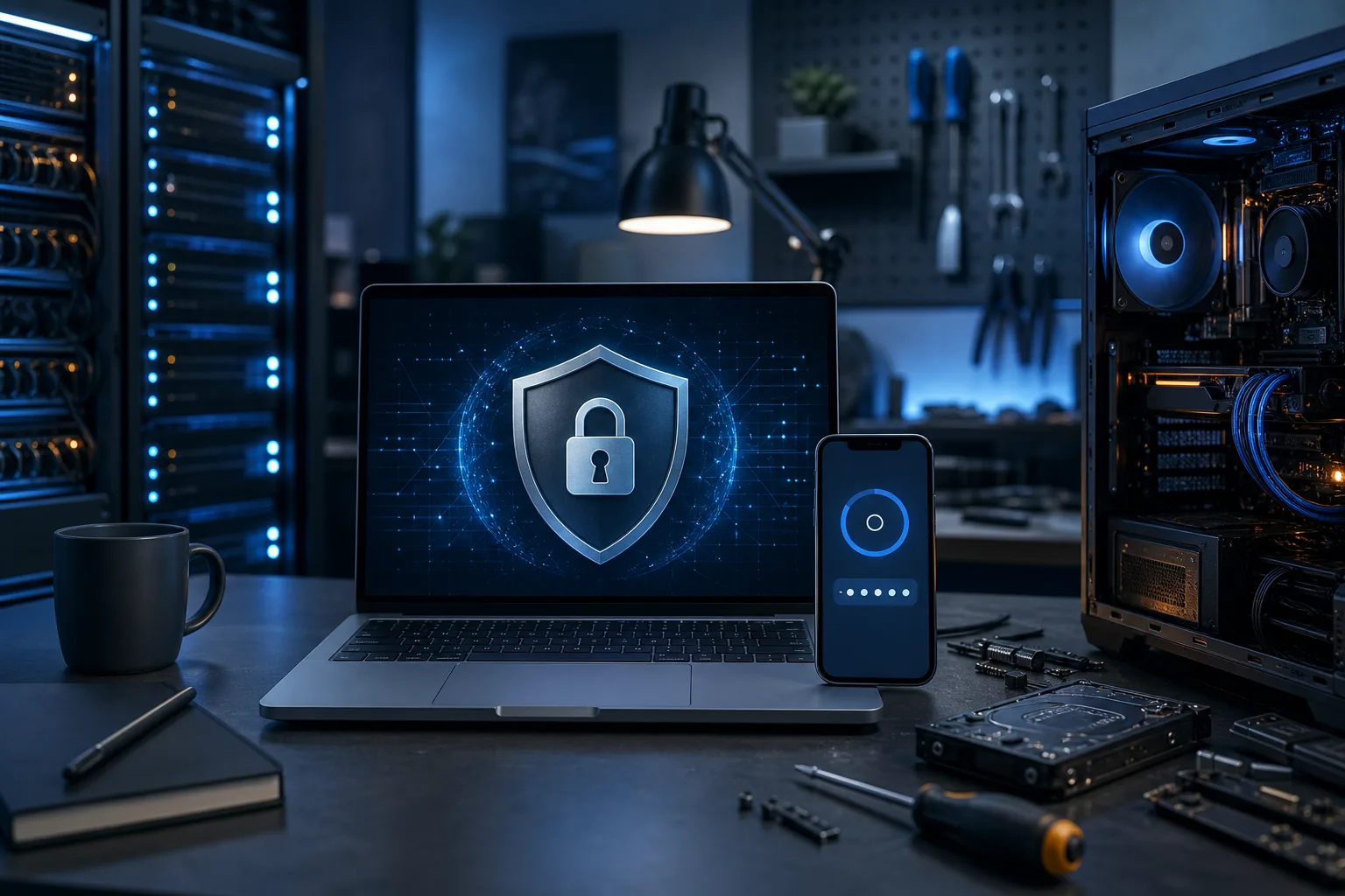 Dark tech workspace with laptop showing a glowing security shield/lock, a locked smartphone, open PC case, and server racks.