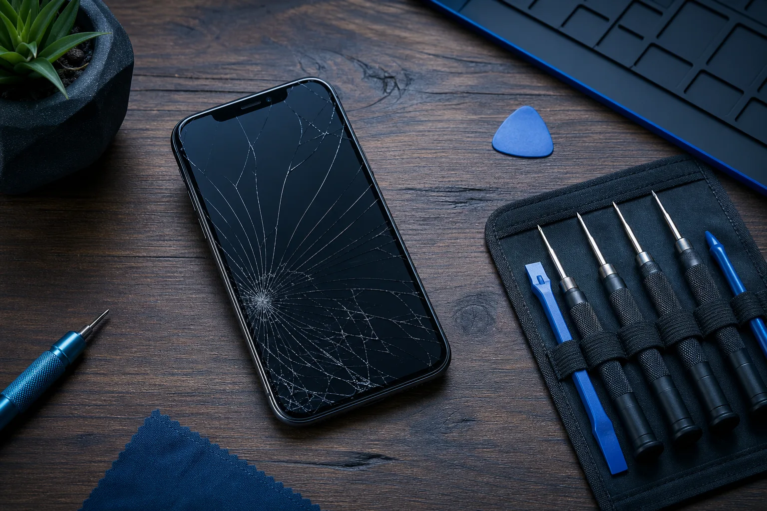 Cracked iPhone on wooden table beside a rolled repair toolkit with precision screwdrivers, spudgers, a blue pry pick, and cloth.