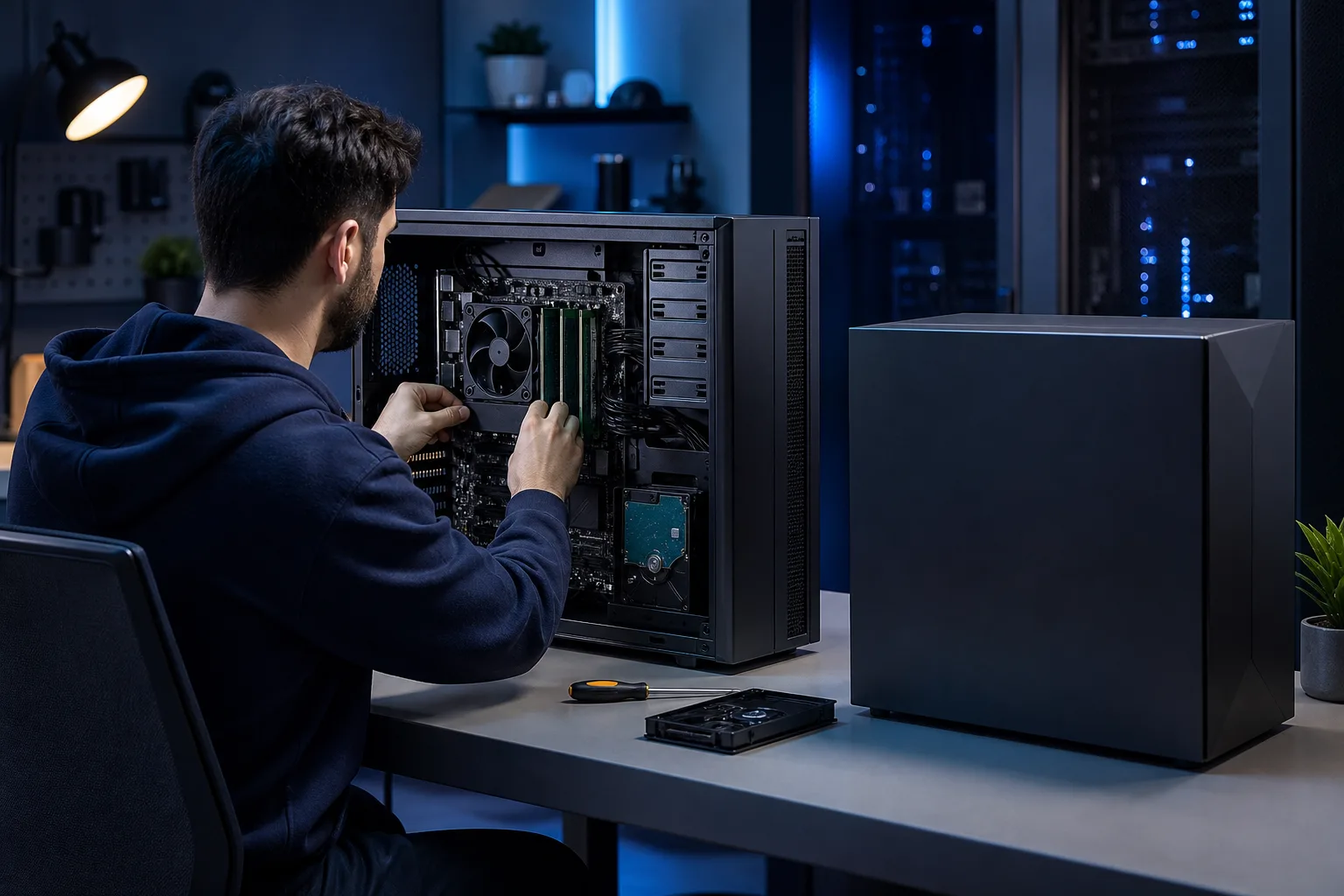 Hombre con sudadera oscura instala RAM en una torre de PC de escritorio abierta sobre un escritorio; cerca se ven un HDD y un destornillador, con iluminación ambiental azul.