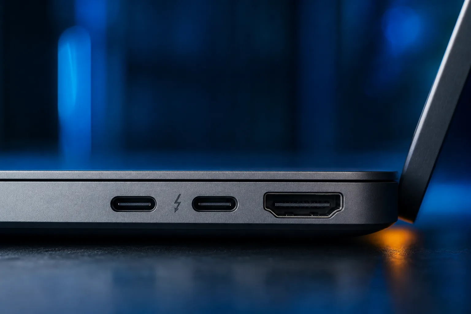 Close-up of laptop's left edge showing two USB-C/Thunderbolt ports with lightning bolt symbol and one HDMI port.