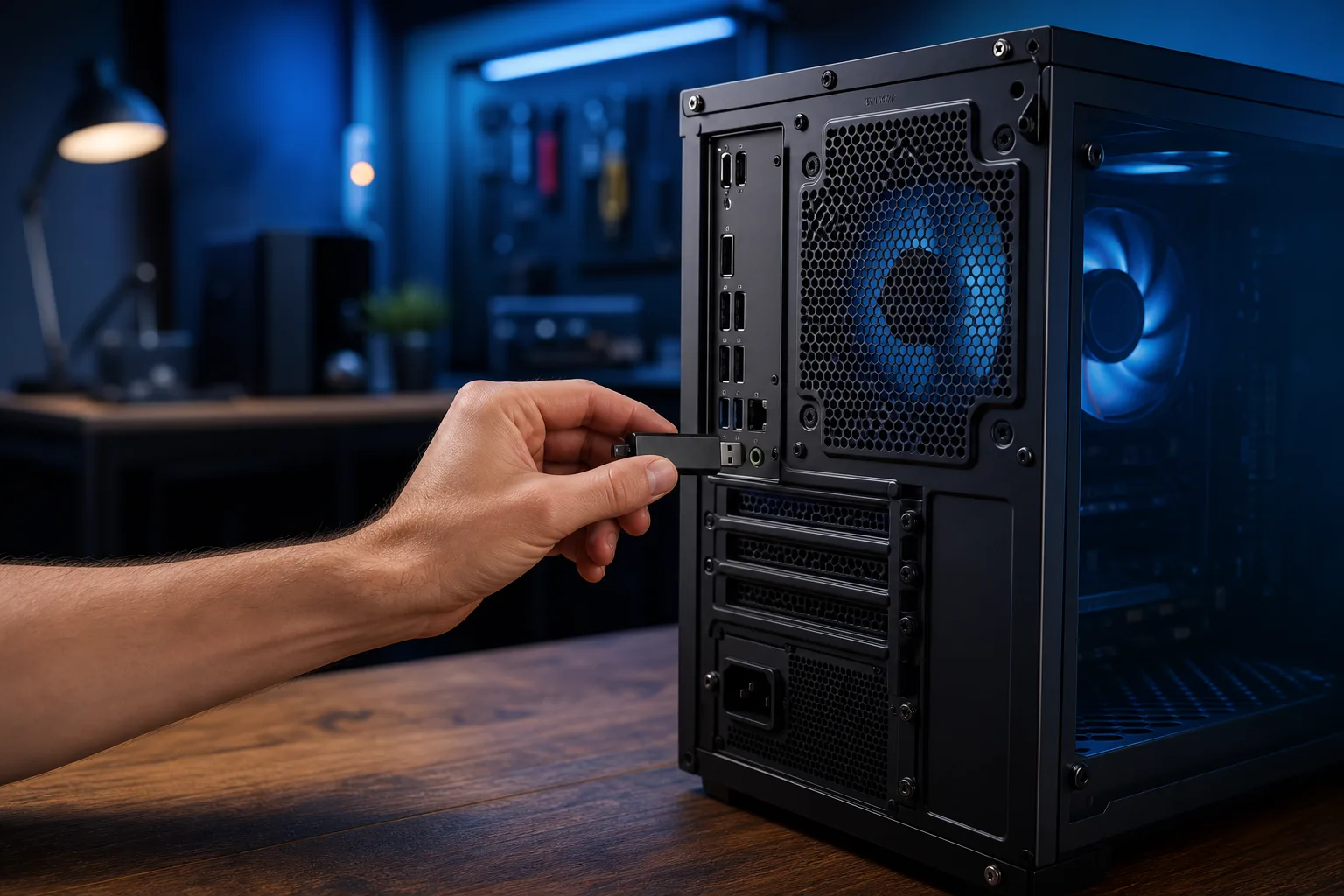 Mano insertando una unidad flash USB en el panel de E/S trasero de una torre de PC de escritorio negra con ventiladores LED azules sobre un escritorio de madera.