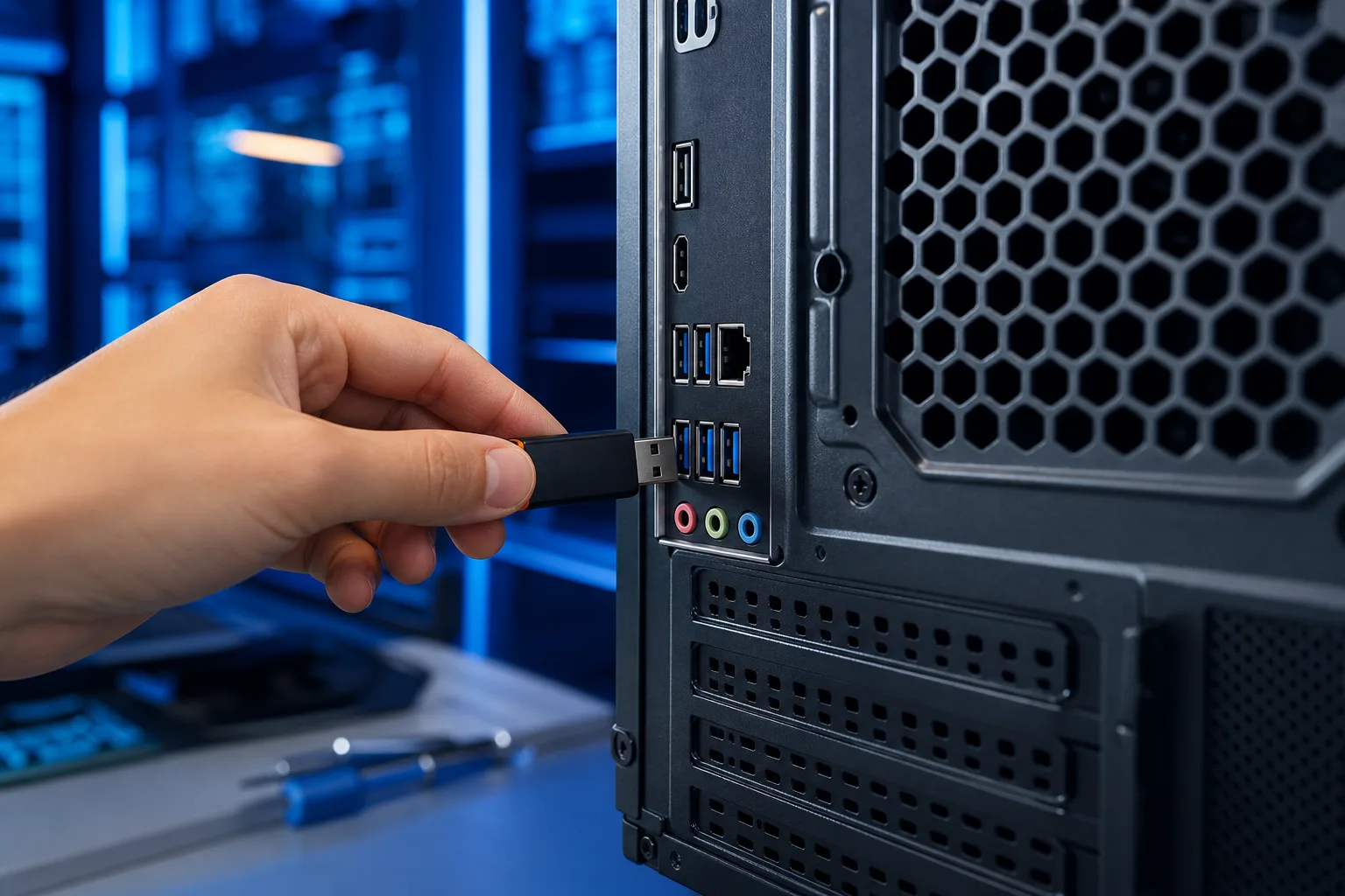 Hand inserting a black USB flash drive into a rear USB 3.0 port on a dark desktop PC tower in a server room.