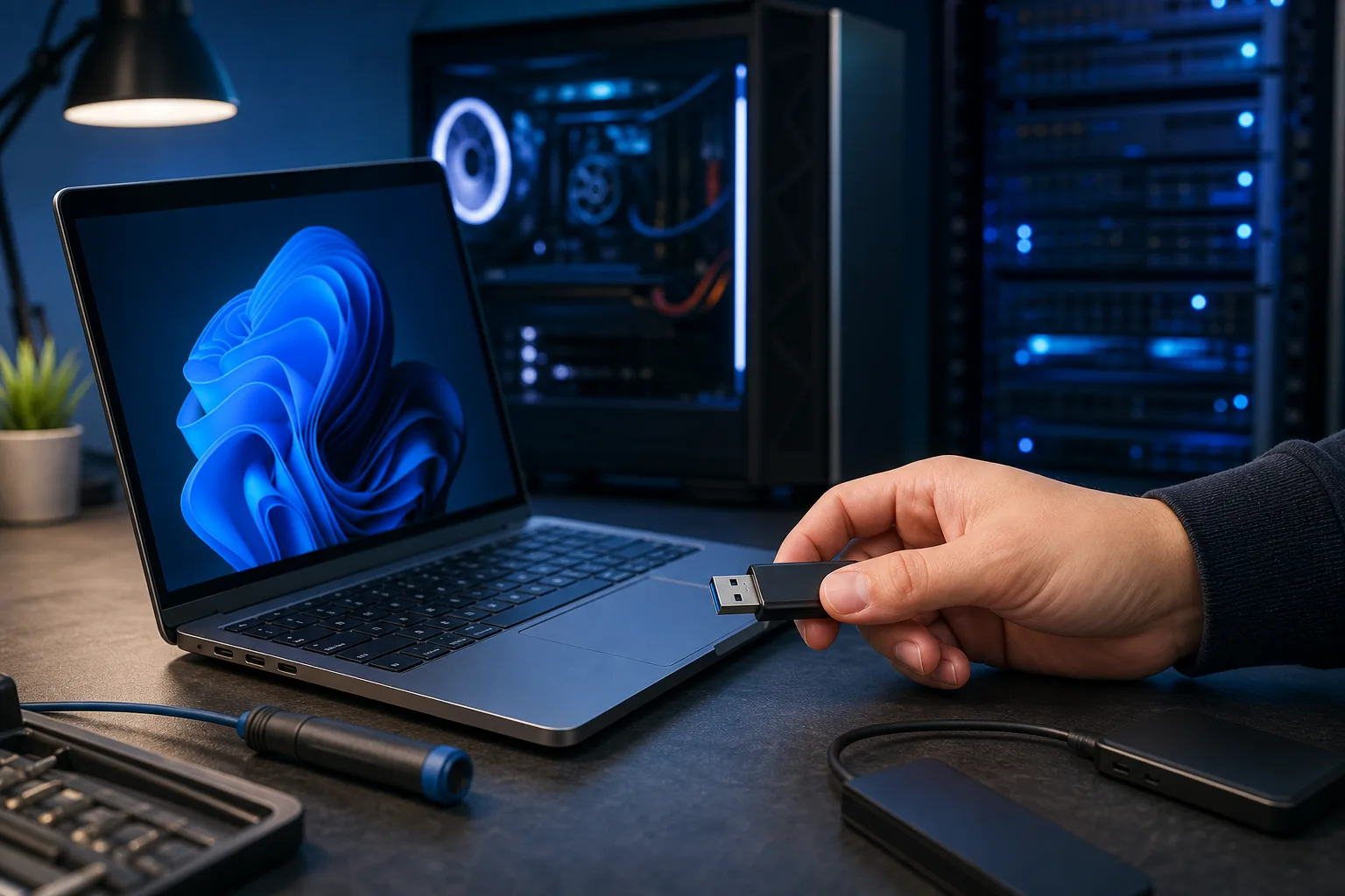 Hand holding a USB flash drive near a laptop displaying Windows 11 wallpaper, with a gaming PC in the background