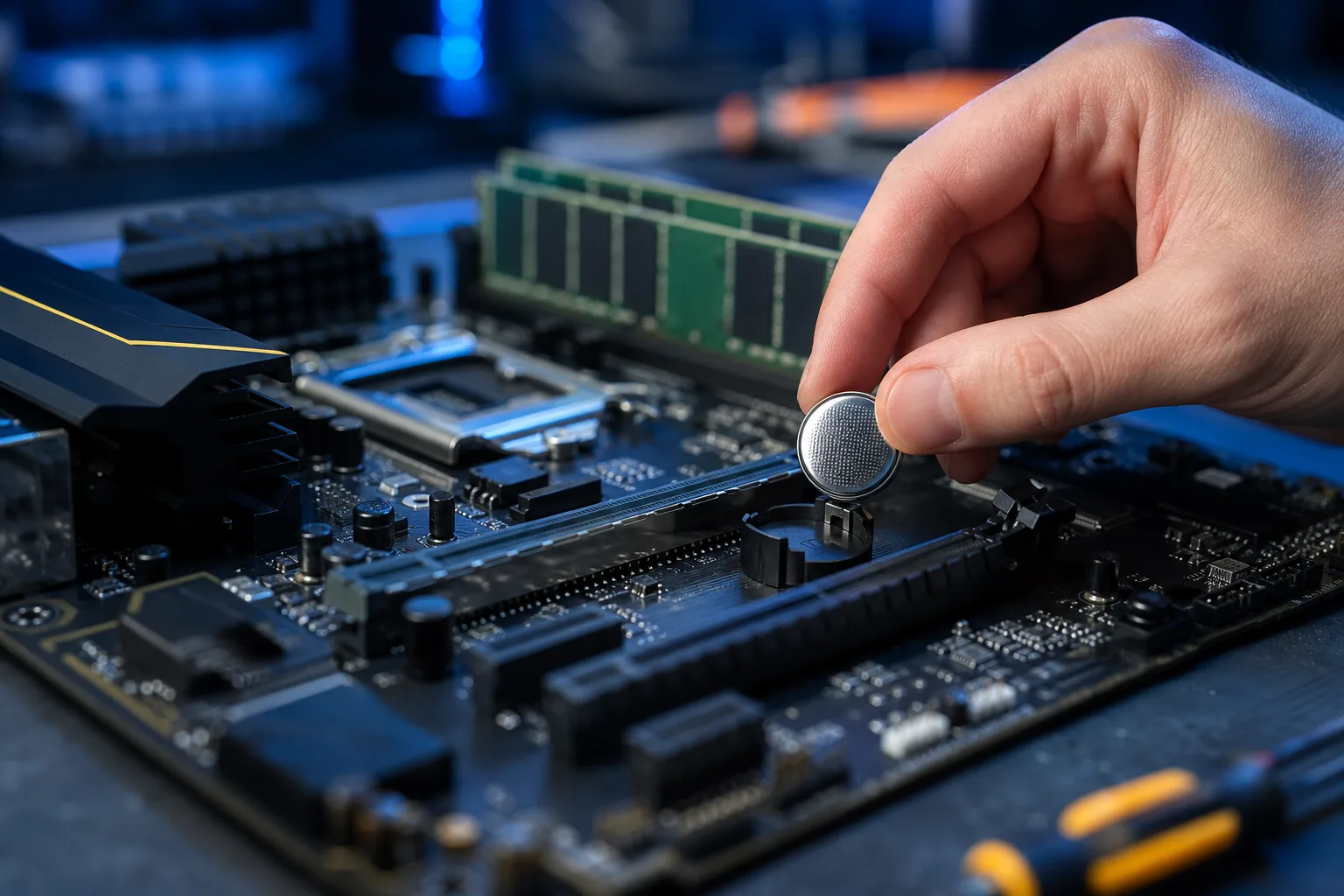 Hand holding a CR2032 CMOS coin-cell battery above its socket on a dark gaming motherboard with RAM installed.
