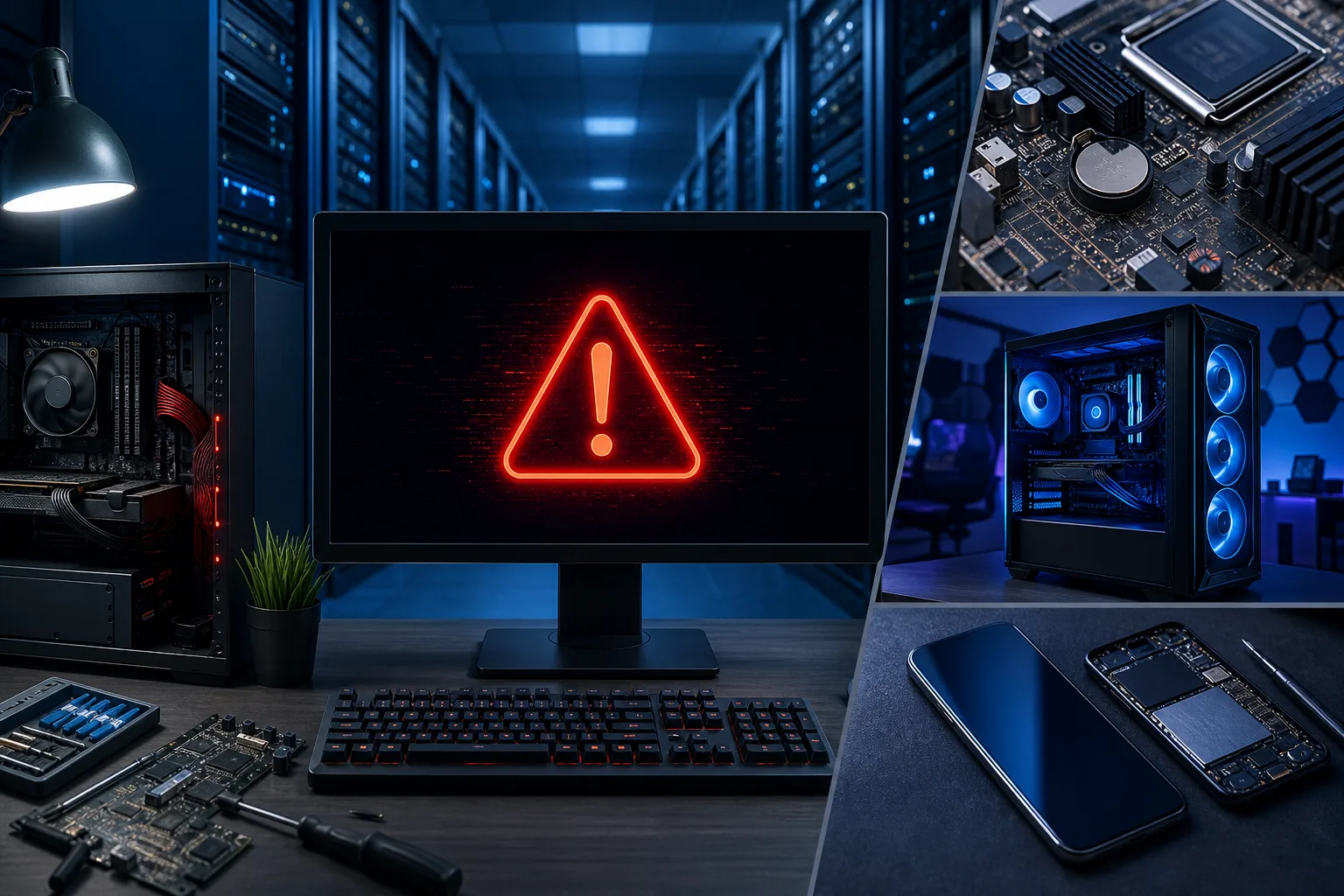 Collage: monitor displaying red warning triangle, open PC case, motherboard close-up, gaming tower with blue LEDs, disassembled phone Collage: monitor displaying red warning triangle, open PC case, motherboard close-up, gaming tower with blue LEDs, disassembled phone