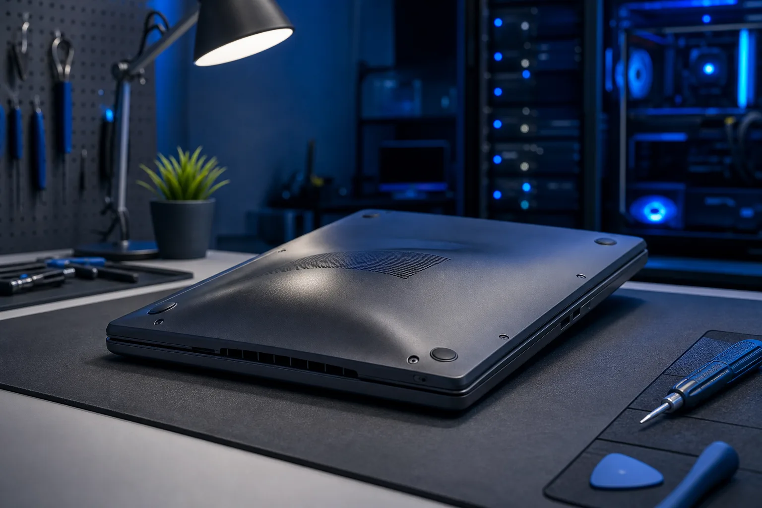 Laptop oscura cerrada y boca abajo sobre una alfombrilla de reparación, con el panel inferior ligeramente abultado y herramientas cerca.