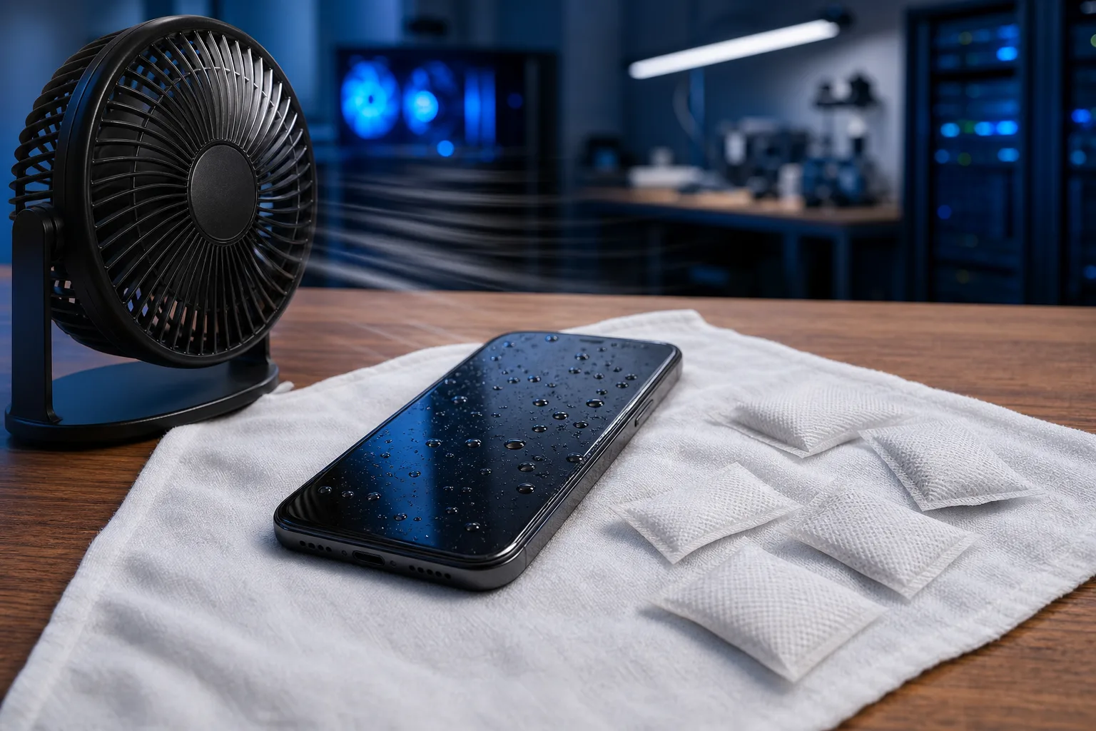 Wet smartphone face-up on white cloth beside silica gel packets, with a black desk fan blowing air toward it.