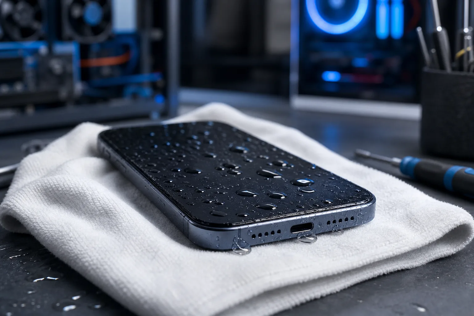 Wet dark smartphone lying face-down on white cloth with water droplets on its back, USB-C port visible, tech workspace background.