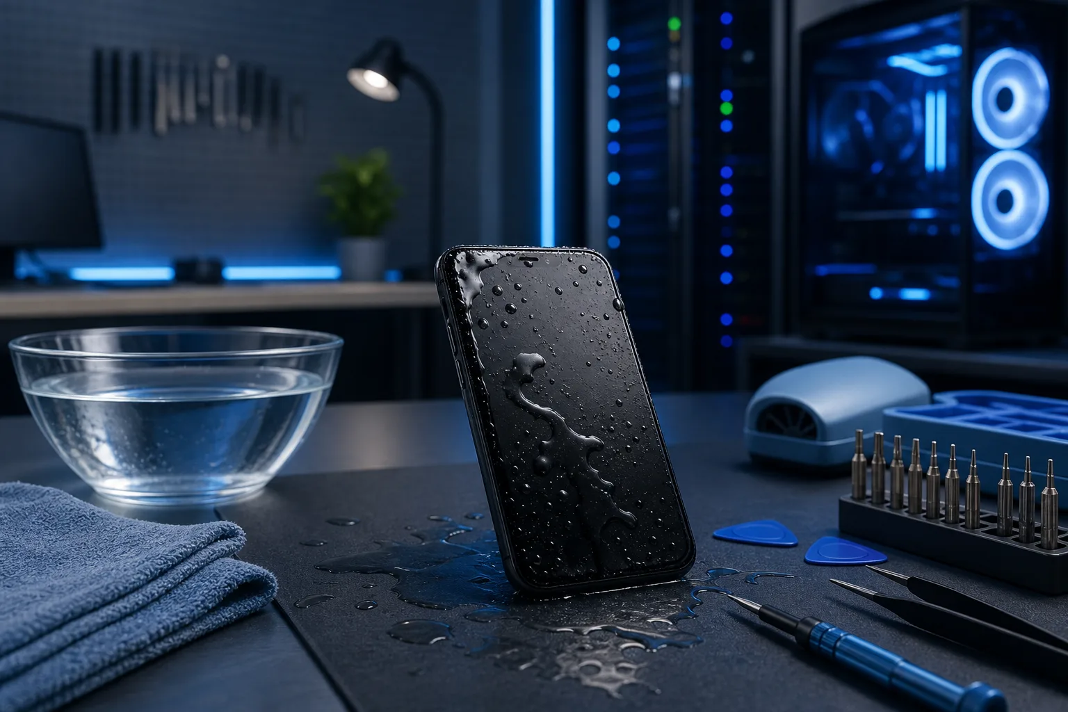 Wet smartphone covered in water droplets on dark surface, surrounded by bowl of water, microfiber cloth, and repair tools