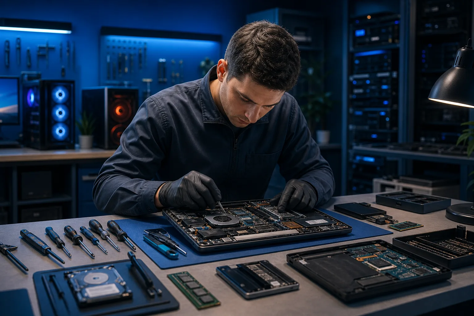 Technician in black gloves repairs open laptop internals at a blue-lit workbench surrounded by tools and components.