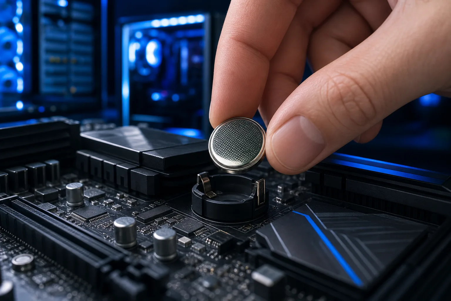 Hand holding a CR2032 coin-cell battery above its circular socket on a dark gaming motherboard with blue LED lighting.