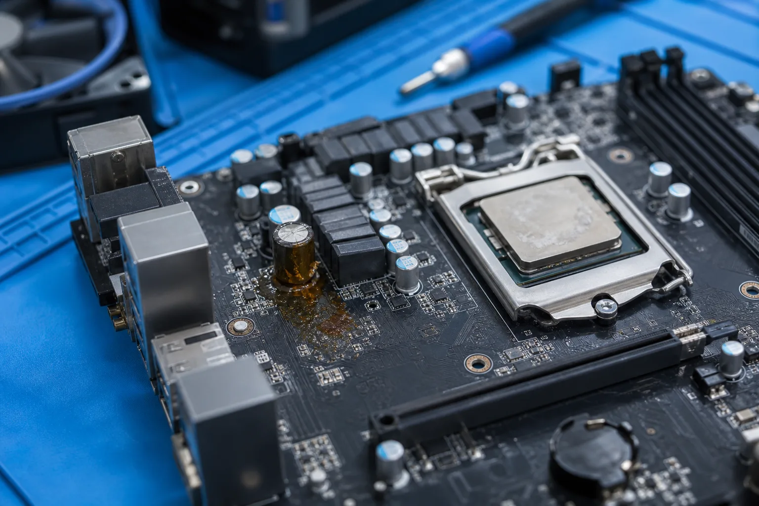 Close-up of a computer motherboard on a blue antistatic mat showing a leaking capacitor with brown electrolyte residue near the CPU socket.