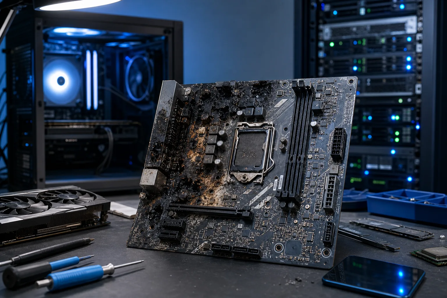 Severely fire-damaged motherboard with charred burn marks around CPU socket, displayed on a tech workbench with tools nearby.